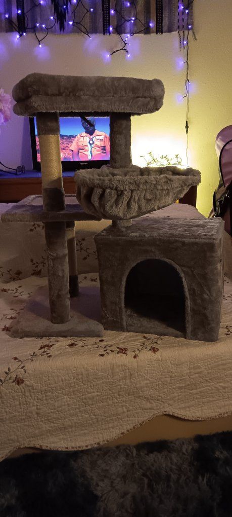 Cozy Gray Multi-Level Cat Tree Tower with Scratching Post and Condo