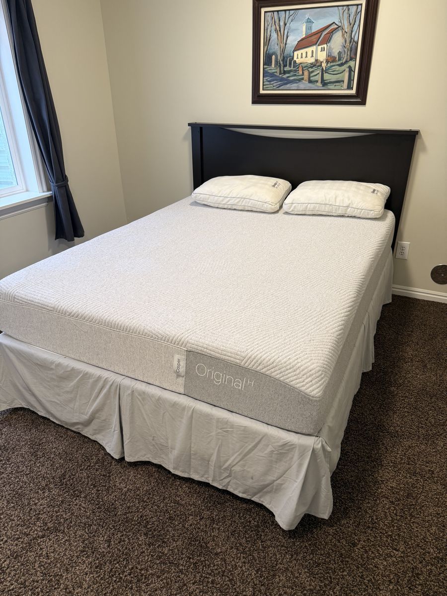 Queen Casper mattress, headboard, box spring and frame.