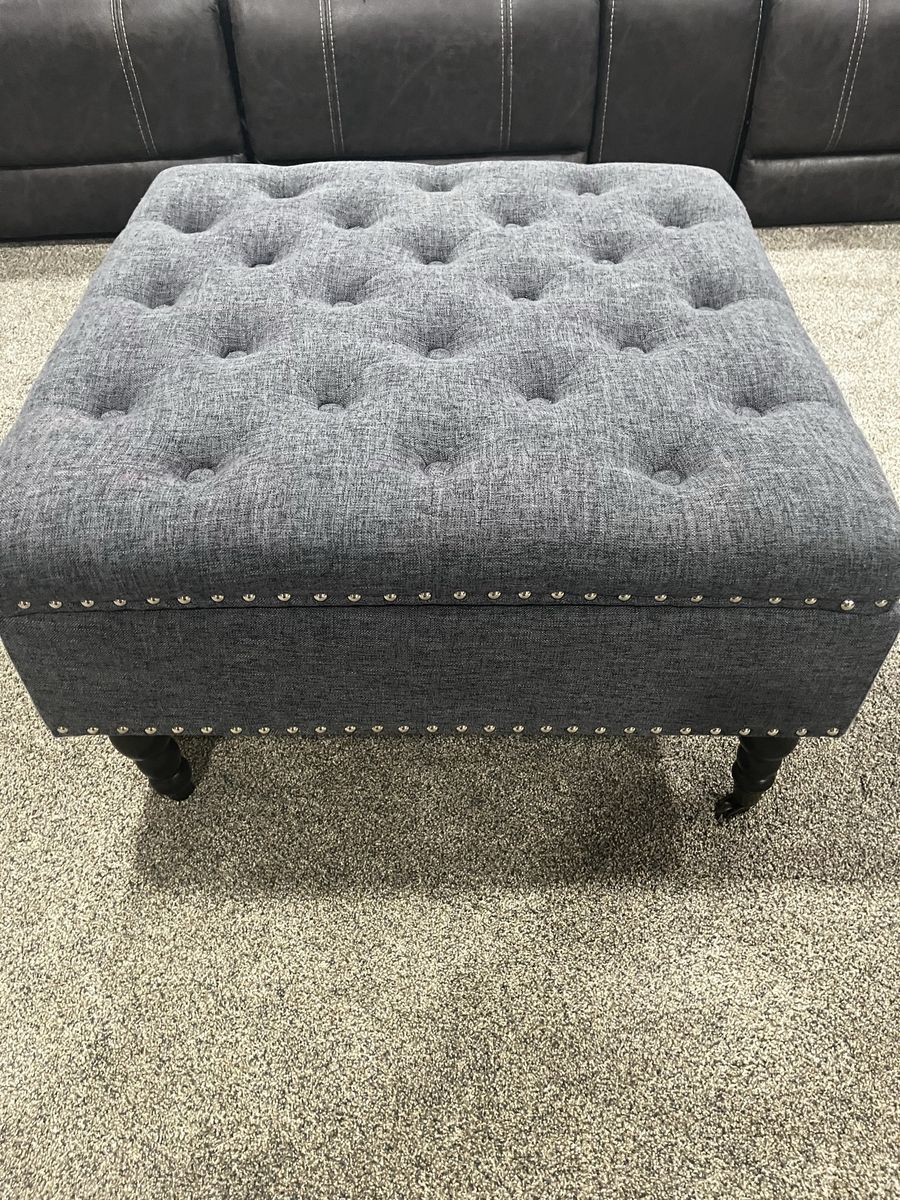 Tufted Storage Ottoman, Dark Gray Fabric with Nailhead Trim