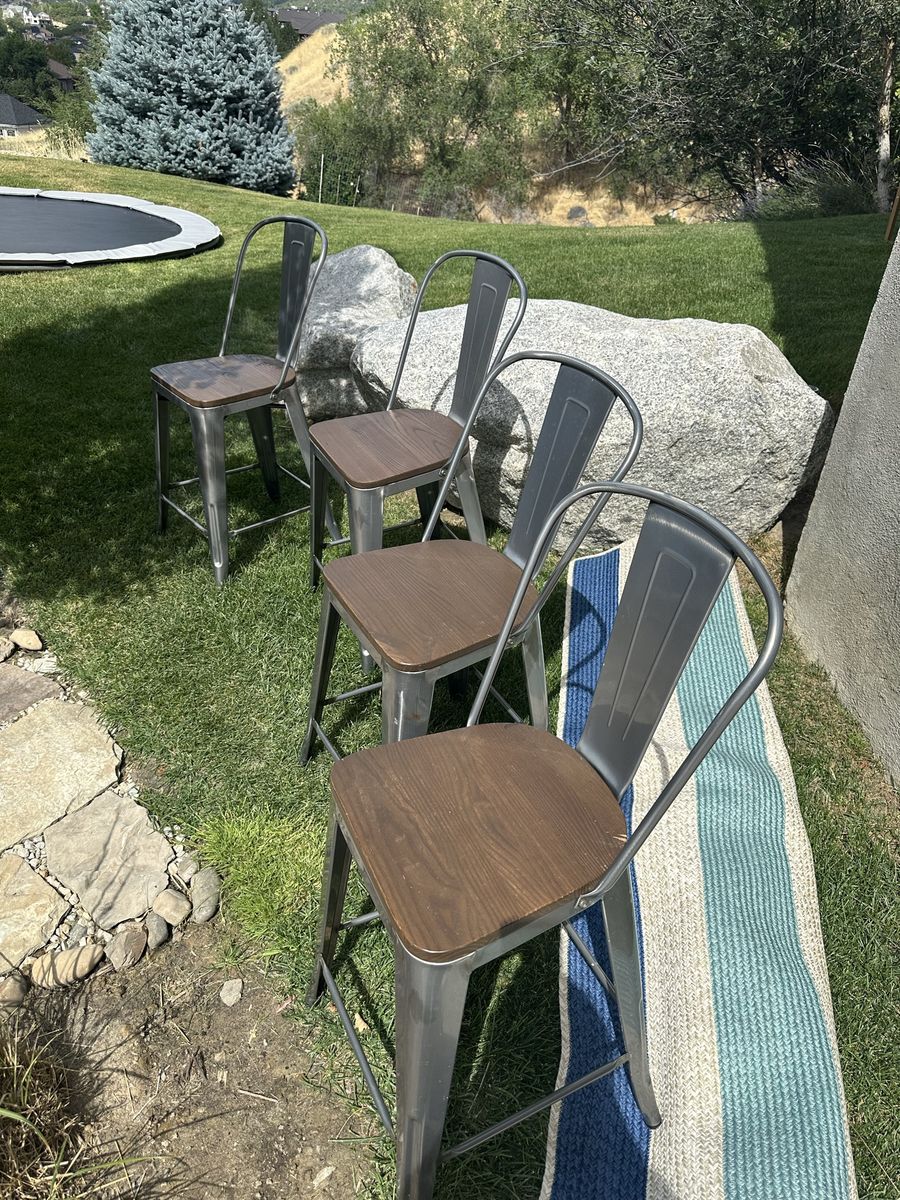 Set of 4 Industrial Metal & Wood Counter Height Stools/Chairs - silver metal/Brown seat