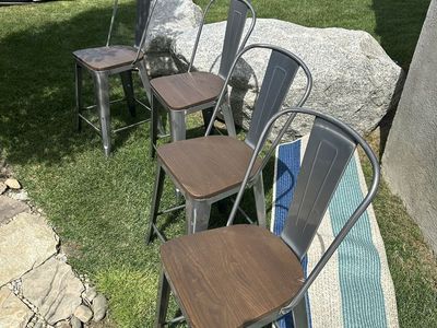 Set of 4 Industrial Metal & Wood Counter Height Stools/Chairs - silver metal/Brown seat