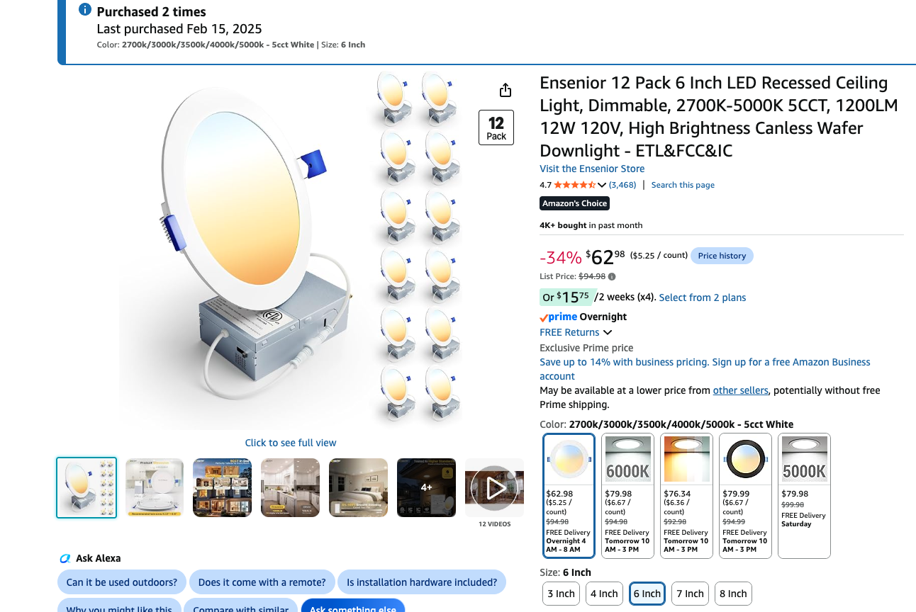 LED Recessed Ceiling Lights — 6" Wafer Downlights, Qty 8 — $25 for all 8