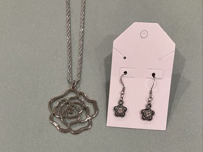 Silver Necklace With Silver Rose Pendant & Earrings