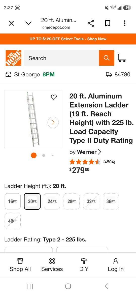 20 ft. Aluminum Extension Ladder (19 ft. Reach Height)