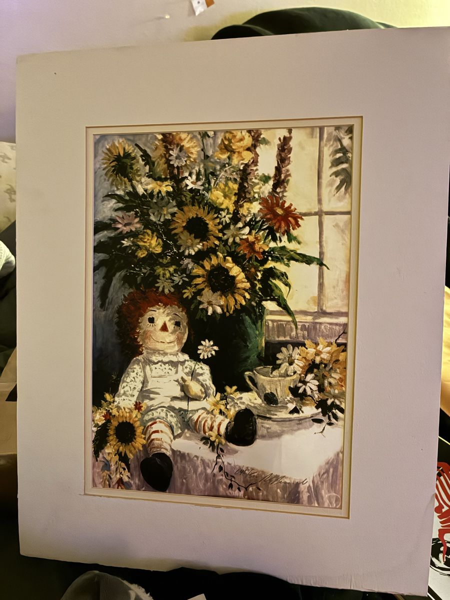 Vintage Raggedy Ann Art Print with Sunflowers and Matting
