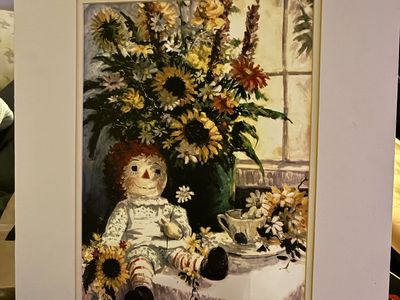 Vintage Raggedy Ann Art Print with Sunflowers and Matting