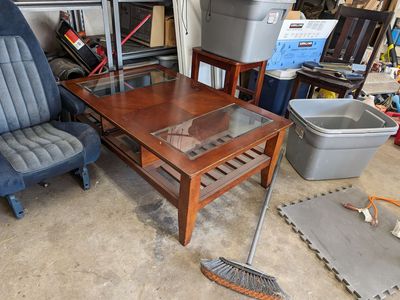 Wooden Coffee Table with Glass Inserts - Used Condition missing drawer