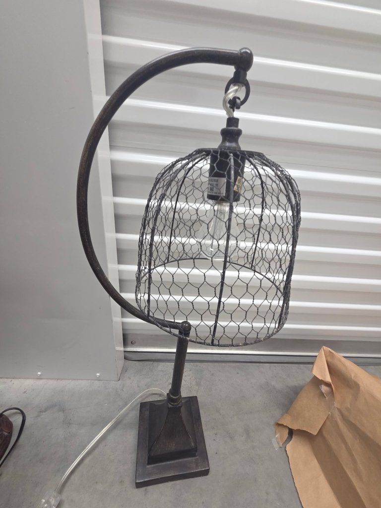 Industrial Farmhouse Style Metal Desk Lamp with Edison Bulb - Rustic Chicken Wire Cage Light