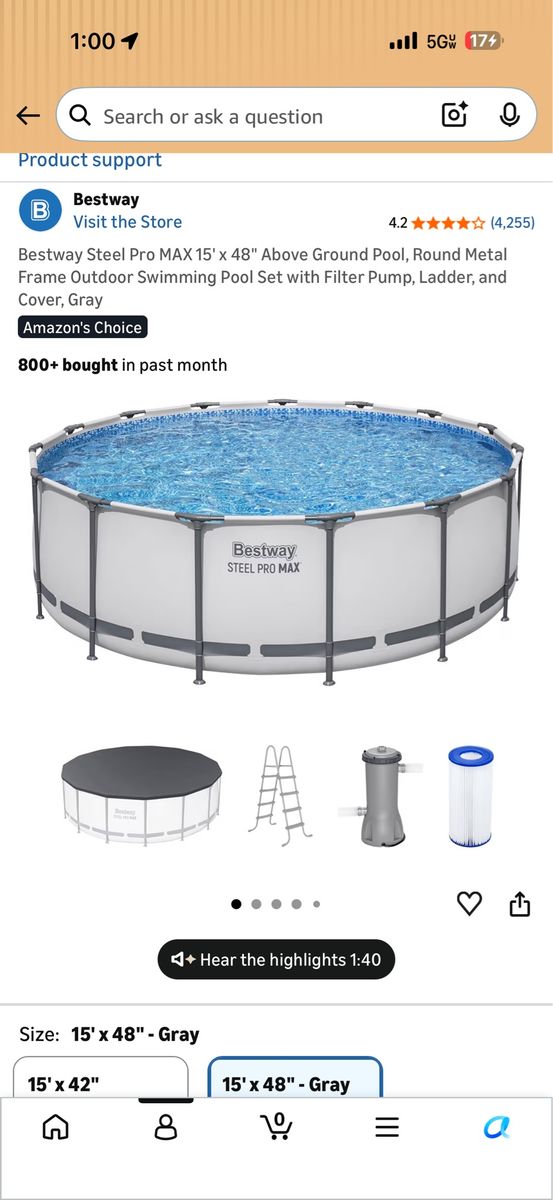 Bestway Steel Pro MAX 15'x48" Above Ground Pool Set - Round Metal Frame, Filter Pump, Ladder & Cover, Gray