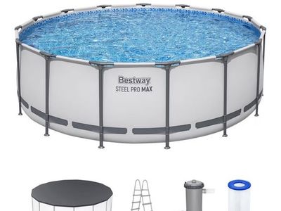 Bestway Steel Pro MAX 15'x48" Above Ground Pool Set - Round Metal Frame, Filter Pump, Ladder & Cover, Gray