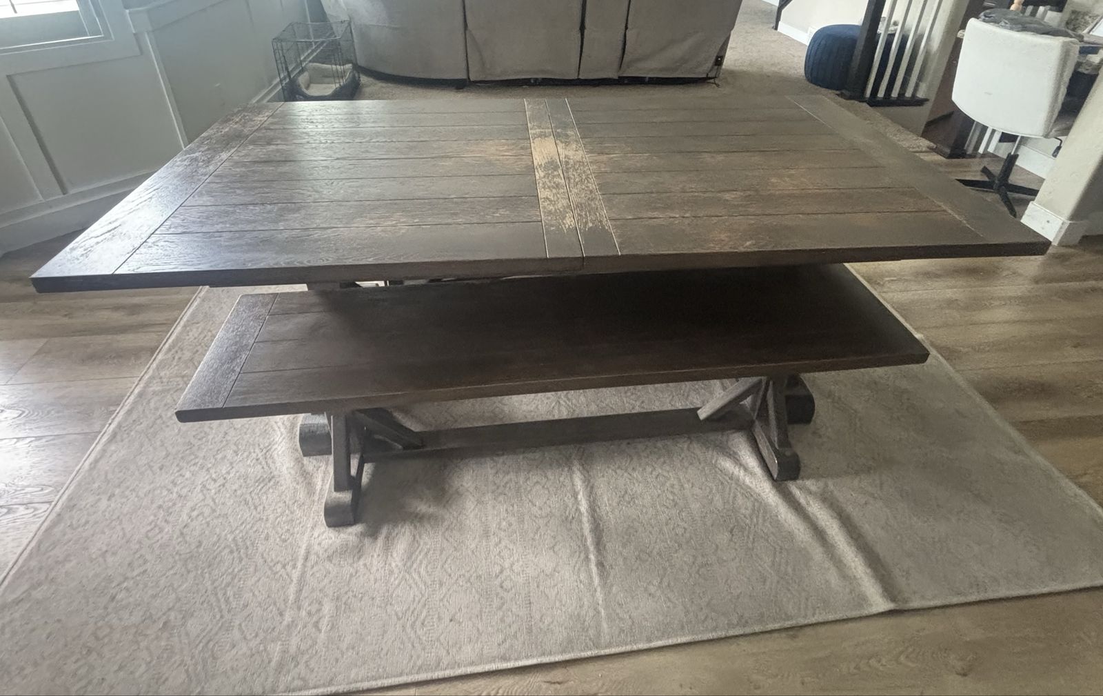Dark Wood Extendable Dining Table with Trestle Base and Two Benches