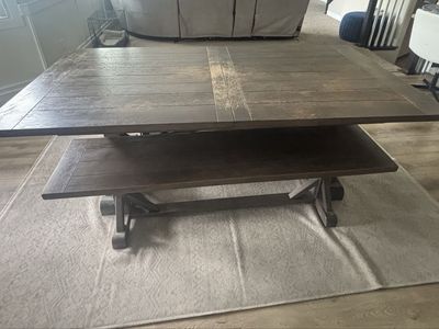 Dark Wood Extendable Dining Table with Trestle Base and Two Benches