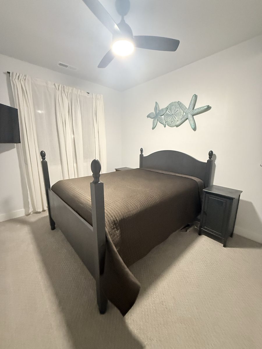 Charcoal Queen Bed Frame, Mattress & Boxspring, 2 Matching Nightstands, Bedding and Wall Decor Opt