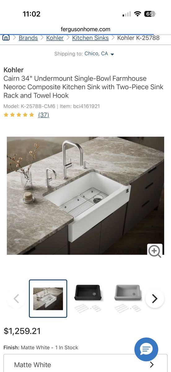 KOHLER K-25788-CM6 Cairn 34" undermount single-bowl farmhouse kitchen sink with fluted design