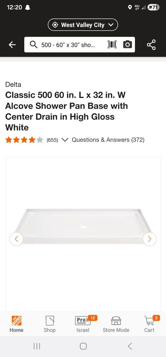 delta 500 - 60"× 30" shower base with center drain