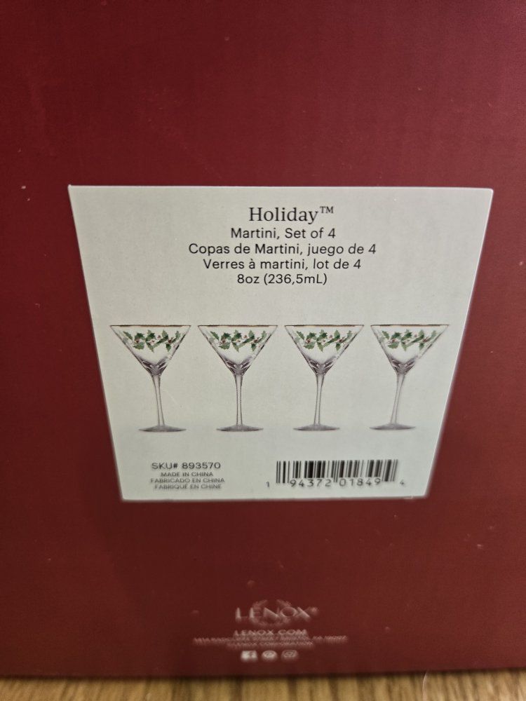 Lenox Holiday Martini Glasses - Set of 4, 8oz with Holly & Berries Design, Gold Rim - New in Box