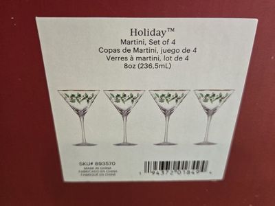 Lenox Holiday Martini Glasses - Set of 4, 8oz with Holly & Berries Design, Gold Rim - New in Box