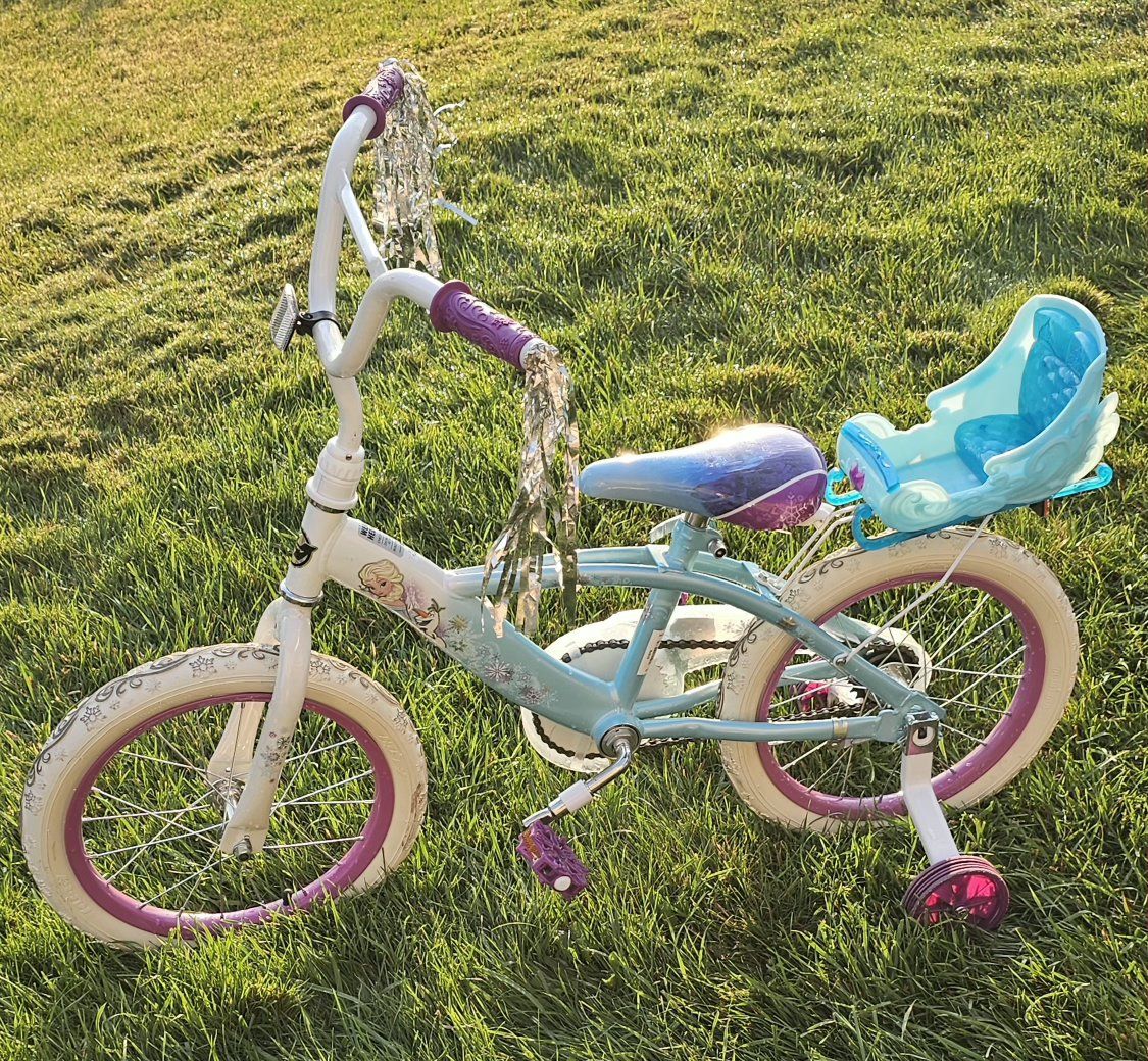 Disney Frozen Kids 16 Inch Bicycle with Training Wheels and Doll Seat