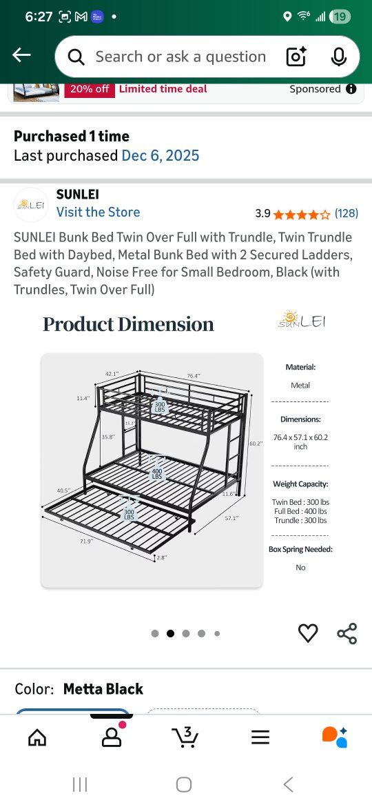 SUNLEI Twin Over Full Bunk Bed with Trundle, Metal Frame, Daybed Feature, Black