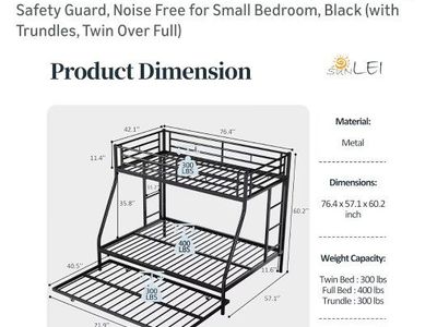SUNLEI Twin Over Full Bunk Bed with Trundle, Metal Frame, Daybed Feature, Black