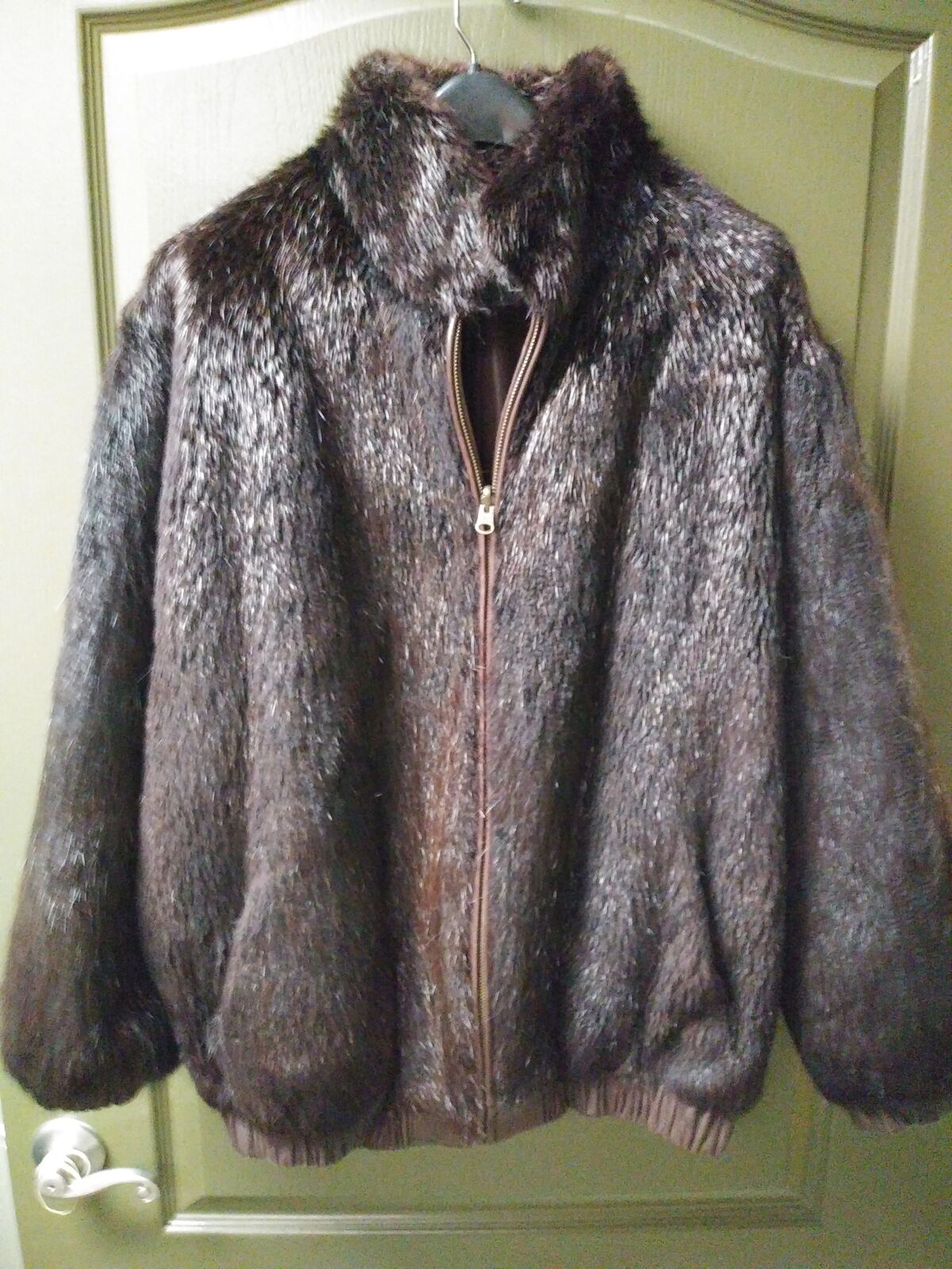 Genuine Long Hair Beaver / Leather REVERSIBLE Bomber Jacket Women's Medium / Men's Small ???