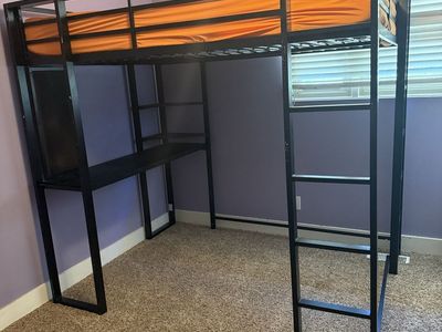 Black Metal Loft Bed with Built-in Desk and Shelvesl