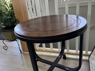 Round Wood Top Side Table with Black Metal Base - Accent End Table