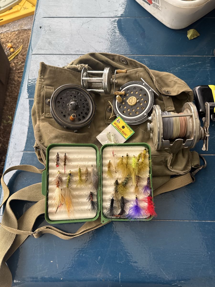 Vintage Fishing Gear Lot with Fly Reels, Canvas Bag, and Lures
