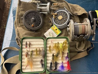Vintage Fishing Gear Lot with Fly Reels, Canvas Bag, and Lures