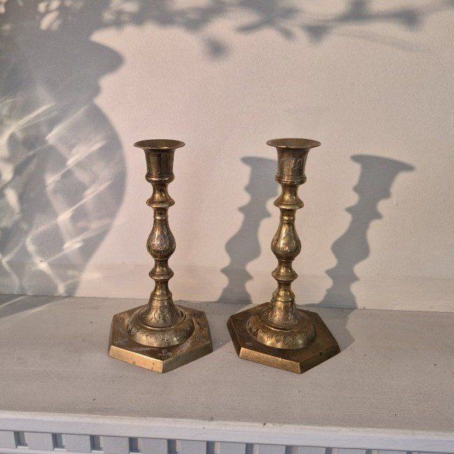 Vintage Brass Candlestick Holders - Ornate Engraved Design, Hexagonal Base (Pair)