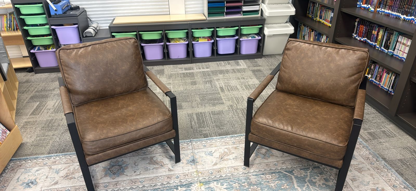 Set of 2 Brown Faux Leather Accent Armchairs with Black Metal Frame