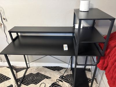 Modern Black Computer Desk with Shelves & Monitor Stand - Multi-functional Workstation