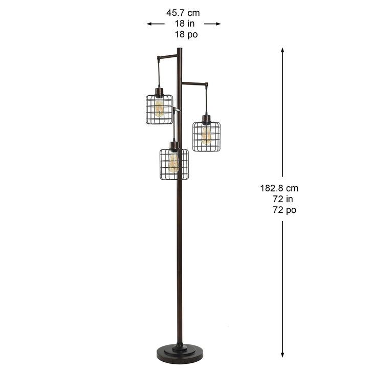 Industrial Style 72" Bronze 3-Light Cage Floor Lamp with Edison Bulbs