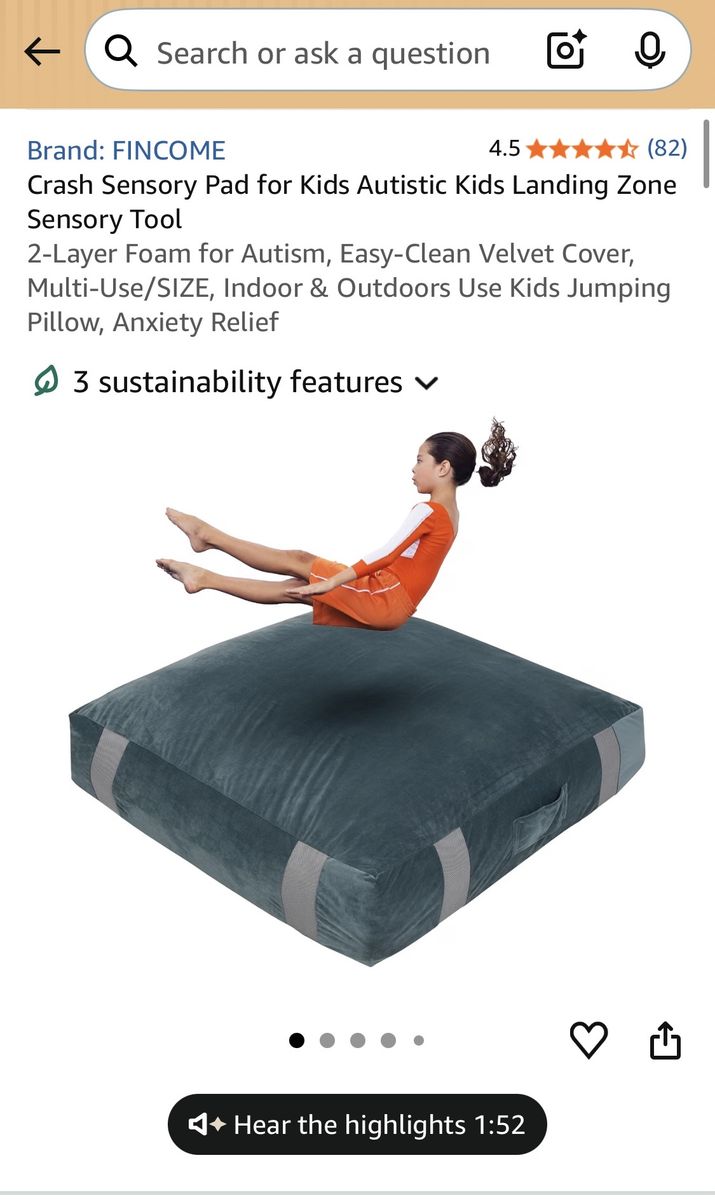 5ft x 5ft Sensory Therapy/Gymnastics Mat for Kids, Washable Velvet Cover, Green/ Gray