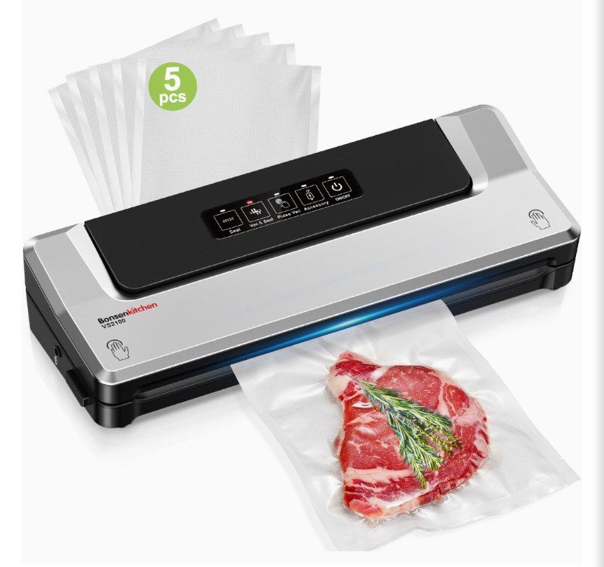 Bonsenkitchen VS2100 Vacuum Sealer Machine - Includes 5 Bags, Hose, and Interfaces