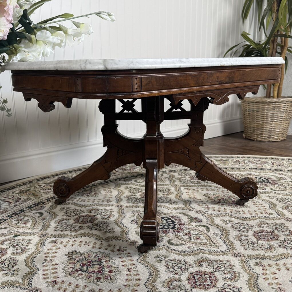 Antique Victorian Marble Top Walnut Side Table