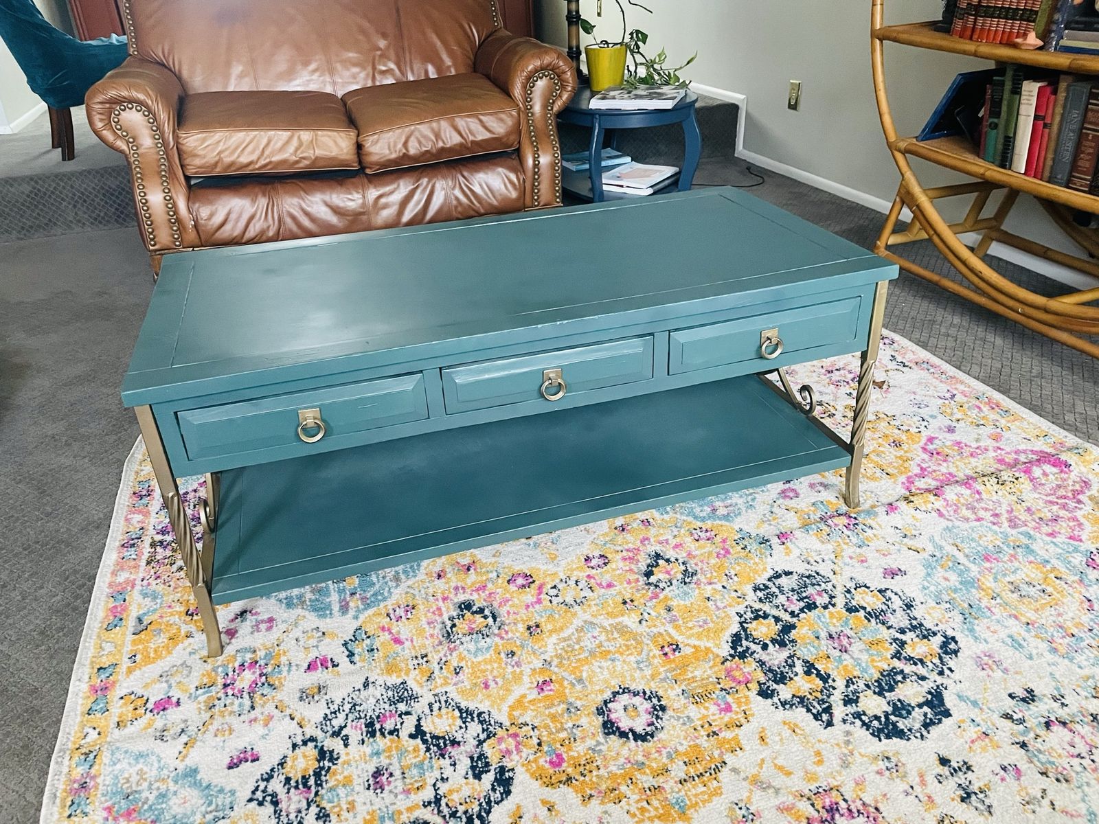 Teal Painted Coffee Table with Six Drawers and Lower Storage Shelf