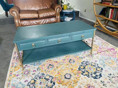 Teal Painted Coffee Table with Six Drawers and Lower Storage Shelf