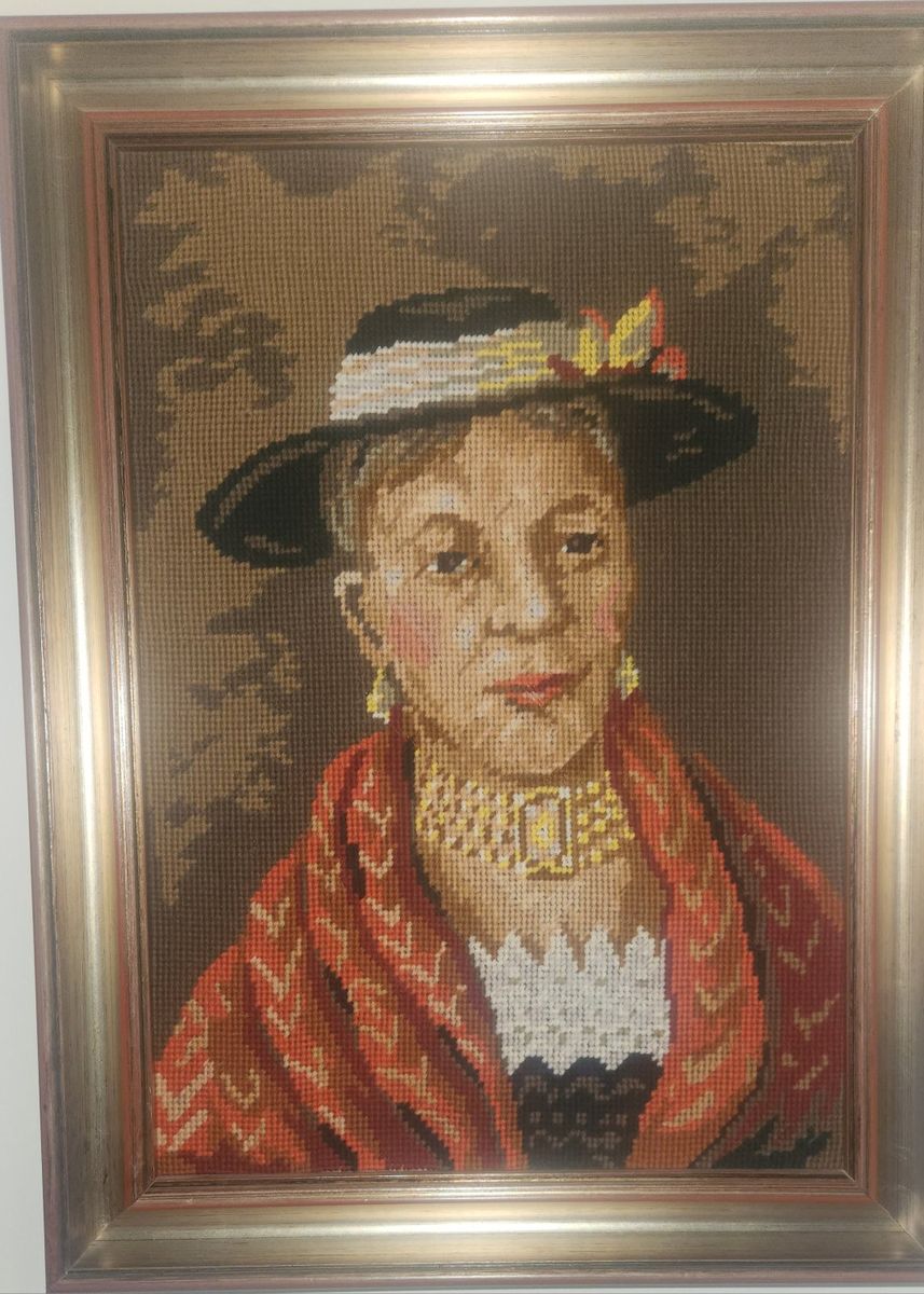 Vintage Framed Needlepoint Tapestry Portrait of a Woman in Hat