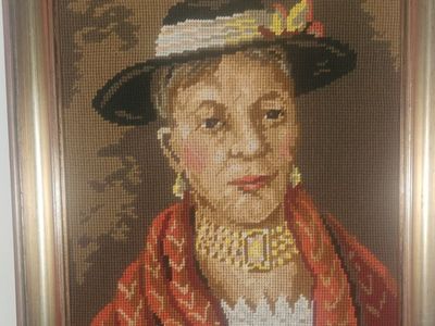 Vintage Framed Needlepoint Tapestry Portrait of a Woman in Hat