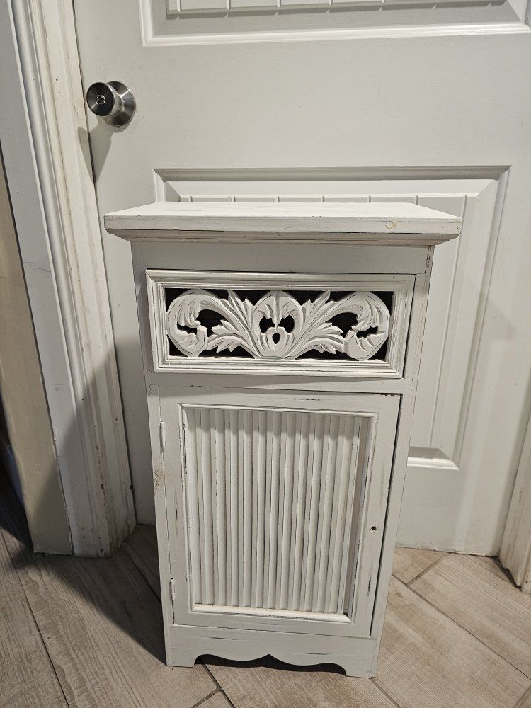 Shabby Chic White Wooden Nightstand Side Table with Carved Drawer Front and Cabinet Storage