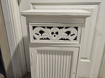 Shabby Chic White Wooden Nightstand Side Table with Carved Drawer Front and Cabinet Storage