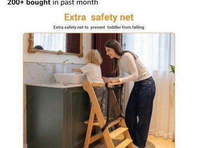 Cosyland Adjustable Height Folding Step Stool Kids Toddler Kitchen Stool, Natural Wood with Safety Net