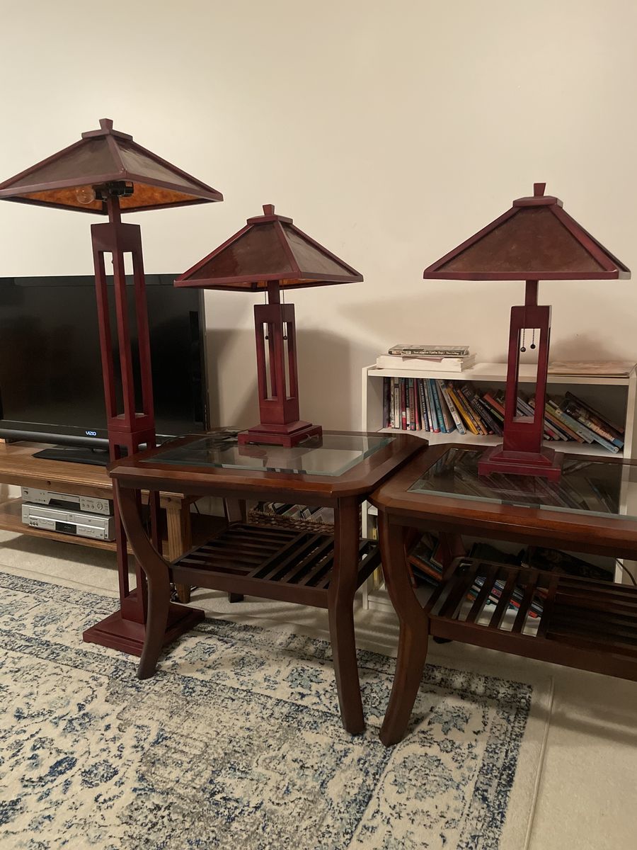 Matching end tables with matching table lamps, and floor lamp