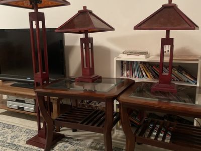 Matching end tables with matching table lamps, and floor lamp