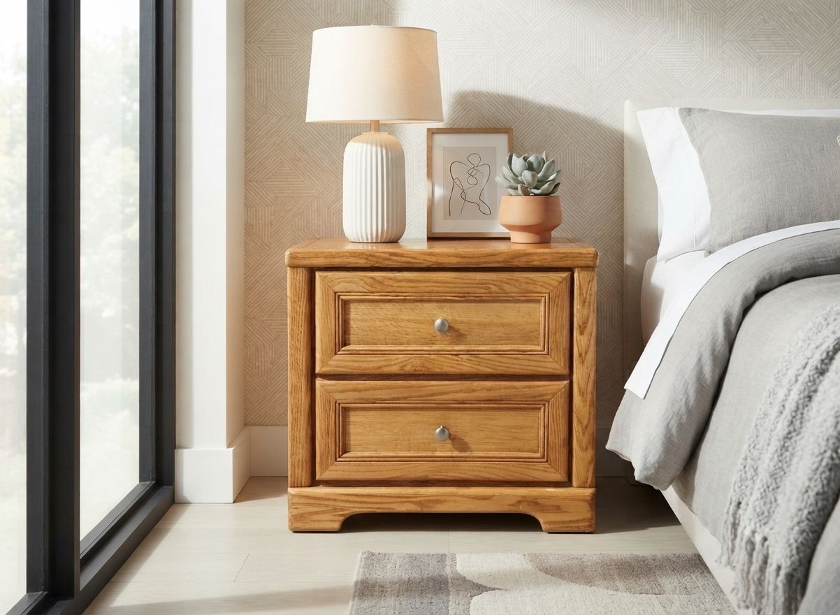 Oak Wood Nightstand with 2 Drawers - Classic Style Bedside Table