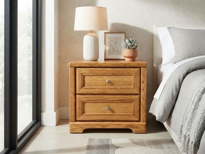 Oak Wood Nightstand with 2 Drawers - Classic Style Bedside Table