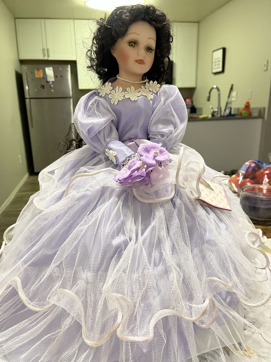 Ilmisa Collection Porcelain Doll Lavender Dress Long Dark Hair Display Piece