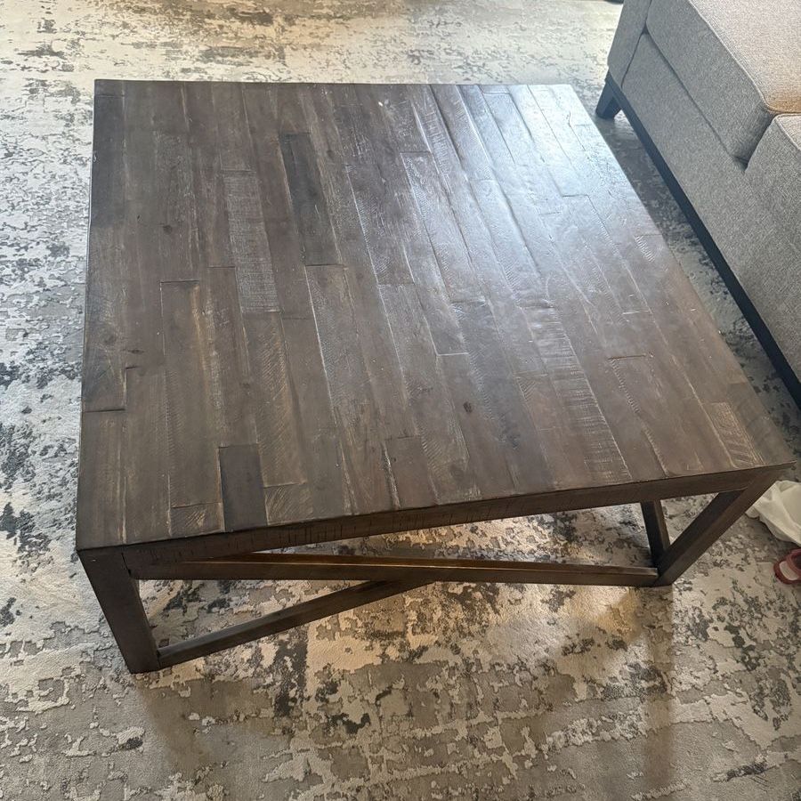 Large Square Wooden Coffee Table with Plank Top and X-Brace Legs