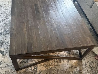 Large Square Wooden Coffee Table with Plank Top and X-Brace Legs